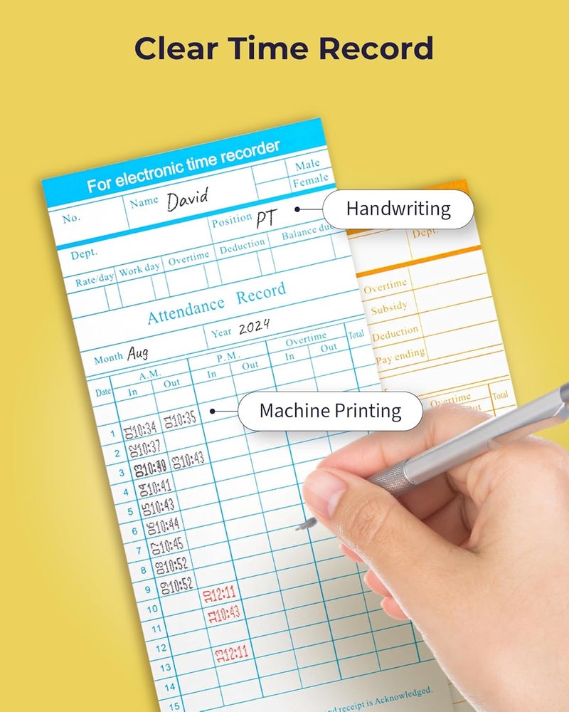 Volcora 100 Pack Time Cards for Employees 2 Sided 7.4 x 3.4" Sprint for Time Clock, Timecards Monthly for Time Recorder, Overtime and Total Hours Included - Image 4
